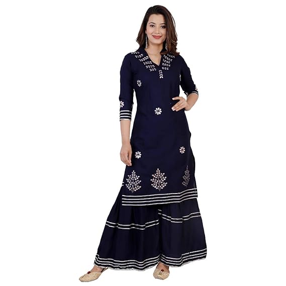 Women's Rayon Kurti with Sharara Gota Patti Work for Young Girl Knee Length 3/4 Sleeve | V-Neck