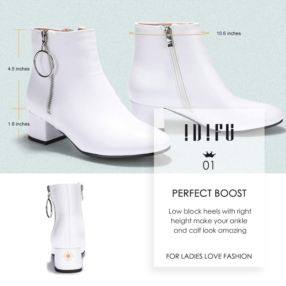 IDIFU Women's Ring Zipper Ankle Boots 1.8 Inch Low Block Heels Round