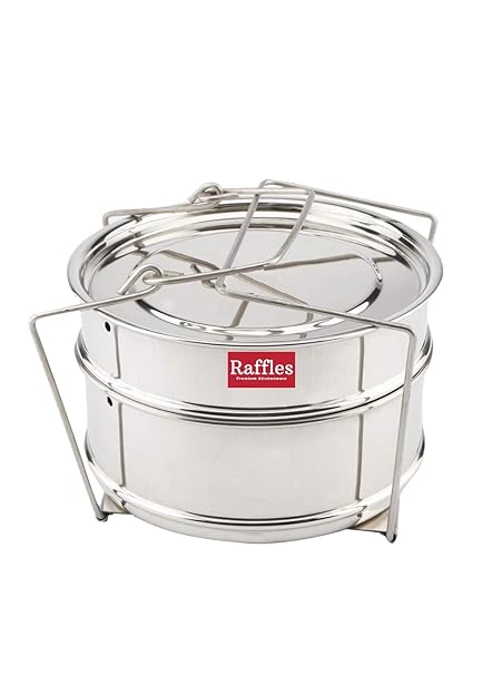 Raffles Premium SS Cooker Separator P4 Suitable for 6.5 litres Prestige Nakshatra Plus Handi Aluminium/Hard Anodised/Red Inner Lid Pressure Cookers (2 Containers with Lifter, Stainless Steel)