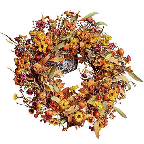Artificial Fall Wreath,22” Floral Wreath with Berries and Pumpkins