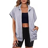 ROMRUM Women's Zip Up Sweatshirts Short Sleeve Lapel Oversized Summer Casual Loose Solid Sweatshirt Jacket with Pockets