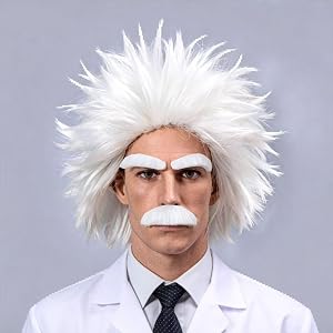 LAXSHZ White Mad Scientist Wig with Moustache&Eyebrows Short Funny White Crazy Scientist Cosplay Wig Set for Men Halloween Pa