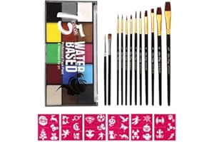 VOLLUCK Face Painting Kit with Stencils, 15 Colors Water Based Painting Palette 12 Brushes and 6 Stickers Body Paint Face Makeup for Halloween Carnivals Cosplay Party Stage Performances