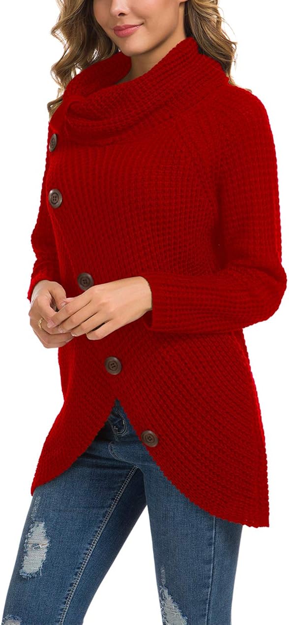 GRECERELLE Women's Casual Turtle Cowl Neck Asymmetric Hem Wrap Pullover Chunky Button Knit Sweater at  Women’s Clothing store