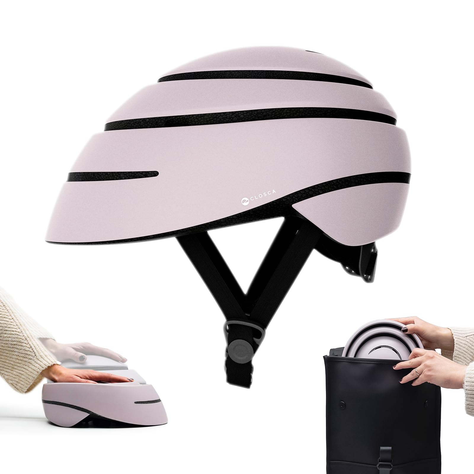 CLOSCA. Foldable helmet for bicycle and electric scooter. Lightweight, compact and certified. Urban unisex design for men and women. Adult bike helmet for cycling and city commuting.