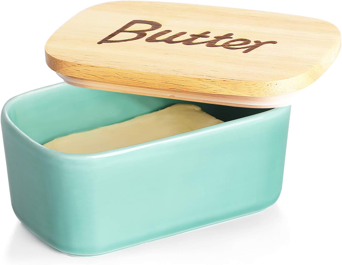 GDCZ Ceramics Butter Dish - Large Porcelain Butter Holder with Wooden Lid(2 Sticks of Butter),Gradient Emerald green