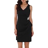 WOMLAYOUT Women's Wedding Guest V Neck Sleeveless Faux Wrap Ruched Bodycon Cocktail Sheath Dress