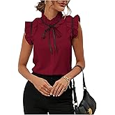 BEAUDRM Women's Work Office Blouse Elegant Bow Tie Neck Ruffle Trim Vintage Blouse Business Casual Shirt Top