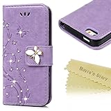 iPhone SE Case,iPhone 5S Case,iPhone 5 Case - Mavis's Diary 3D Handmade Wallet Bling Crystal Diamonds Butterfly Fashion Floral PU Leather with Hand Strap Magnetic Clasp Card Holders
