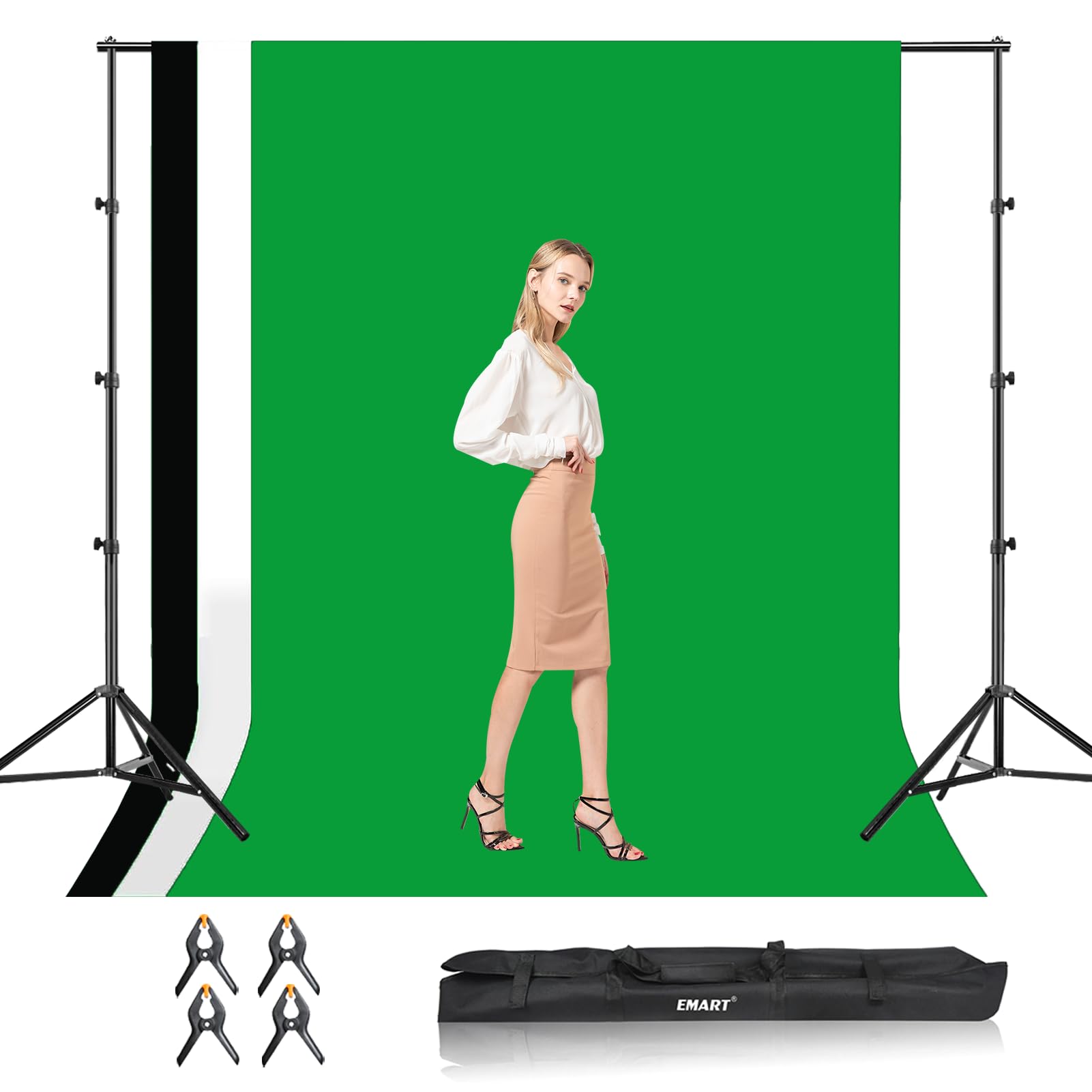 EMART Adjustable Backdrop Stand Kit, 8.5x10 ft (2.6x3.0 m) Photography Background Support System with 3 Backdrops (Black/White/Green, 1.8x2.8 m) for Portrait/Video/Photographic Studio