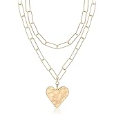 YAHPERN Layered Rectangle Paper Clip Chain Link Choker Statement Hammered Heart Pendant Necklace Minimalist Chunky Thick Chain Jewelry For Woman