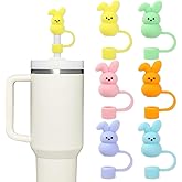 Whaline 6Pcs Easter Straw Cover Cap Spring Pastel Bunny Reusable Silicone Straw Topper Cute Animal Colorful Rabbit 10Mm/0.4Inch Straws Tip Lid Protector for 30/40Oz Tumbler Cup Accessories