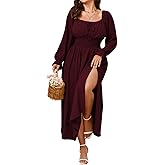 SHESTARR Women's Plus Size Dress Long Sleeve Smocked Dress Square Neck Tie Front Split A-Line Maxi Long Dresses