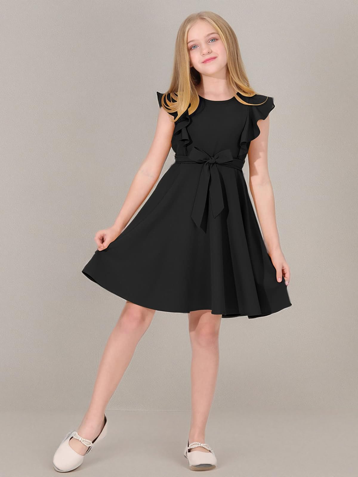 Quedoris Girls Ruffle Trim Dress Print and Solid Color A-line Swing Flared Belted Casual Party Dress with Zipper