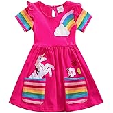 JUXINSU Toddler Cotton Girl Summer Short Sleeve Dress Rainbow Pony Cartoon for Girls 3-7 Years