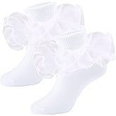 Mini angel Girls Ruffle Socks Double Lace Frilly Dress Socks Kids Turn Cuff Socks for Toddler Little Girls 2/3 Pack