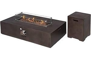 COSIEST 2-Piece Outdoor Propane Fire Table Set, Rectangle Concrete 56-inch x 28-inch Bronze Fire Pit (50,000 BTU) w 20lb Tank Table, Wind Guard, Waterproof Cover for Garden, Porch, Backyard
