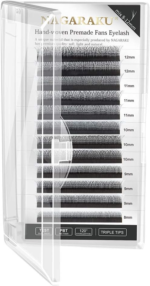 NAGARAKU 3D Lashes,W Shape Eyelash Extensions 0.07mm C Curl 8-12mm Mix Volume Lashes Hand Woven Long Stem Matte Black Premade Fans 3 Tips False Eyelash