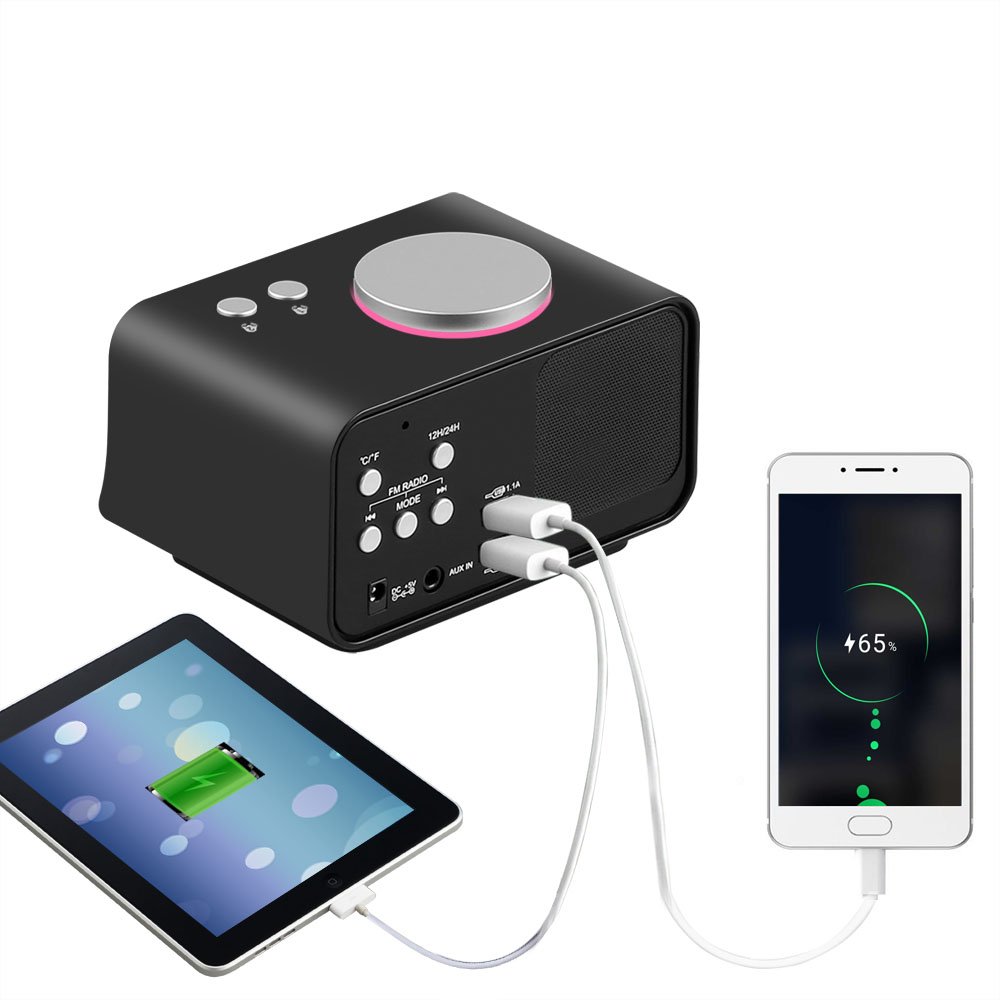 USB Alarm Clock, AKASO Radio Alarm Clock with Snooze Function, 5 Dimmer Brightness, Thermometer, 2 USB Charger Port for iPhone/iPad/iPod/Android and Tablets, Black