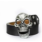 POSKLA Men's Skull Head Buckle Leather Belt Waist Band, Jeans Decorative Punk Belt (BLACK)