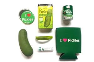 PICKLE ADDICTS Deluxe Pickle Lovers Gift Pack (7pc Set) - Pickle Bandages, Lip Balm, Magnet, Stress Pickle, Can Cooler Insulator, Wristband & Dill Pickle Salt