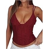 SOLY HUX Women's Deep V Neck Camisole Double Straps Fitted Corset Going Out Crop Tops