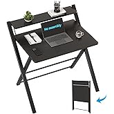 GreenForest No Assembly Folding Desk, 2-Tier Compact Computer Desk with Shelf, Space Saving Foldable Table for Home Office, Dorm or Apartment, Portable Collapsible Sturdy Laptop Desk, Black