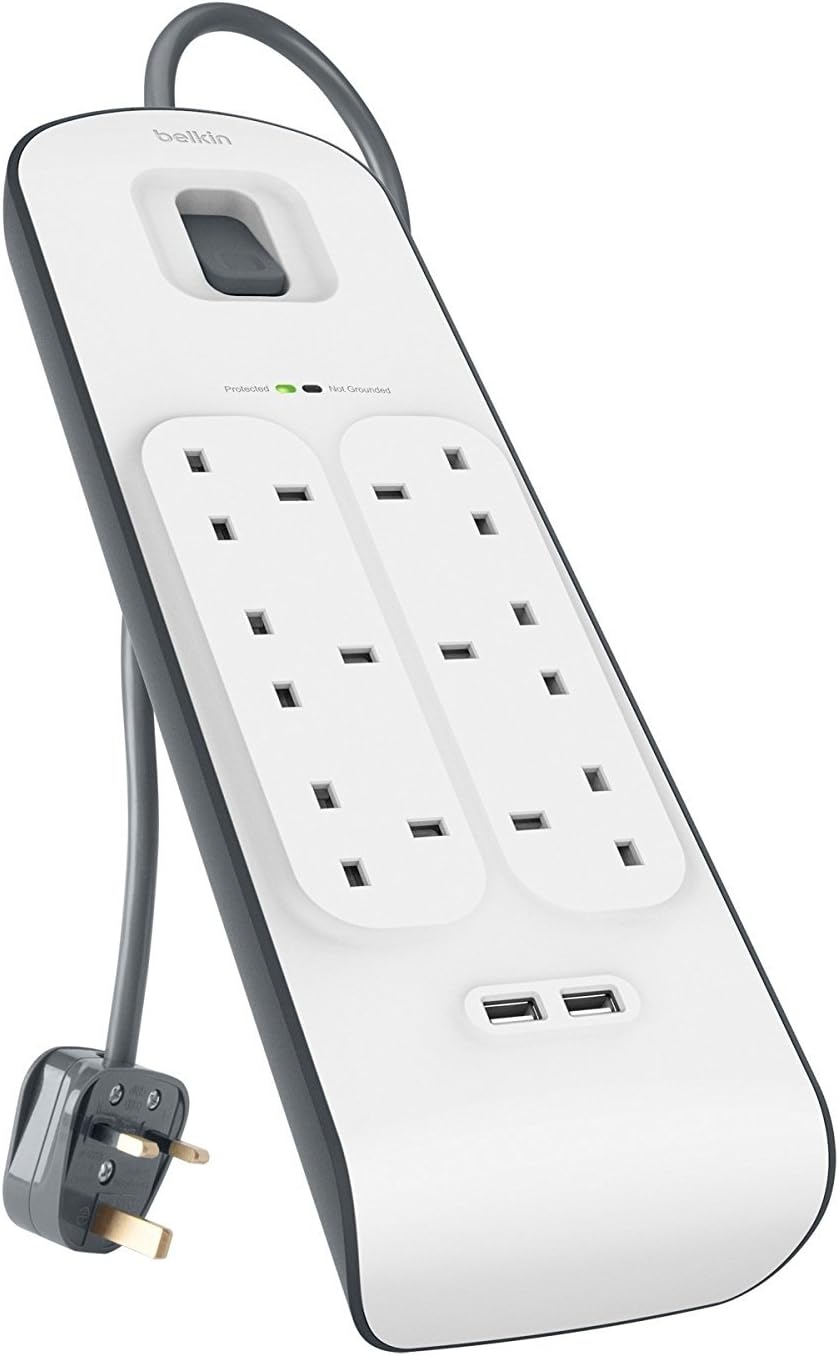 Belkin Extension Lead with USB Slots x 2 (2.4 A Shared), 6 Way/6 Plug Extension, 2m Surge Protected Power Strip - White - Image 5