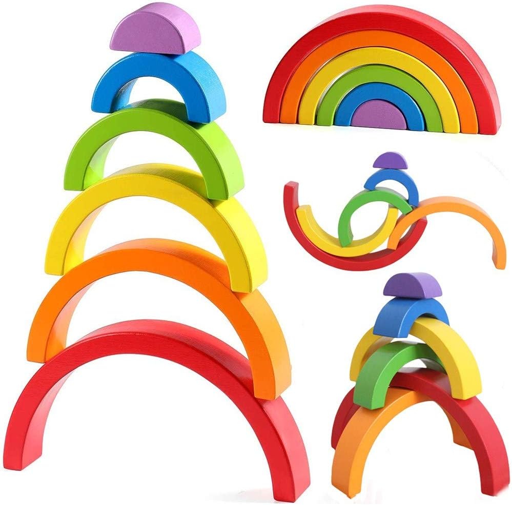 Wenini Wooden Rainbow Stacking Toy Large Nesting Puzzle Blocks Educational Learning Toys/ Creative Colorful Building Blocks/ Wooden Rainbow Arch Bridge for Kids (A)