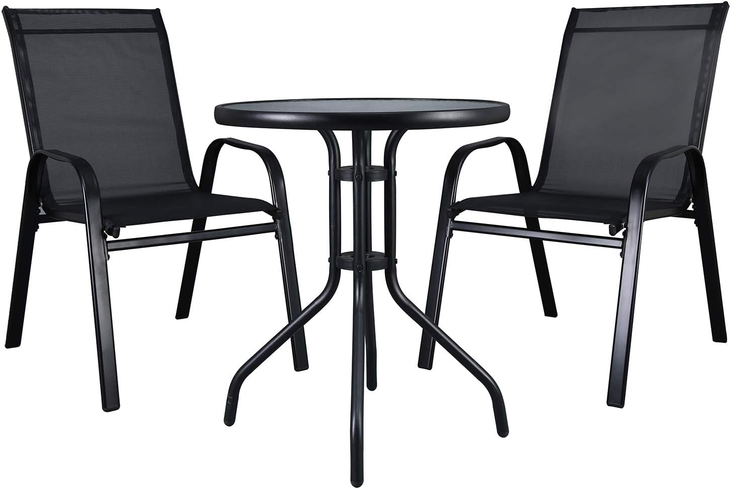 LXDUR Black Garden Furniture Sets Outdoor Indoor Patio Bistro Glass Table&High Back Chairs Seating(3PCS Round Set)