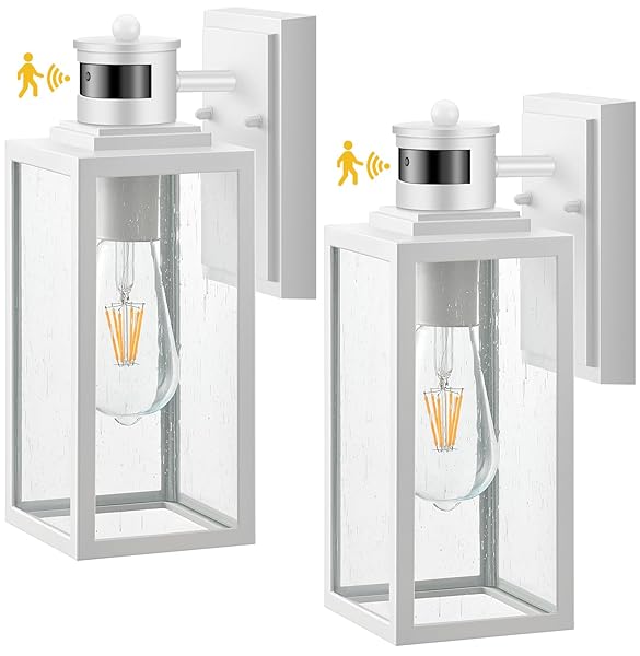 VIANIS 2 PACK MOTION SENSOR PORCH LIGHT, OUTDOOR GARAGE LIGHTING FIXTURES WALL MOUNT, WHITE OUTSIDE LED LIGHTS FOR HOUSE, DUSK TO DAWN EXTERIOR SCONCES WALL LIGHTING LANTERN LAMPS FOR FRONT DOOR COACH