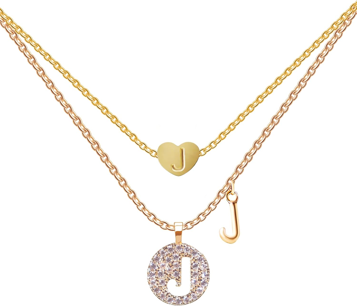 Tiny Gold Initial Heart Necklaces For Girls(2 Styles/Set) ,14k Gold/ Rose Gold Filled Heart Pendant Handmade Dainty Heart/Hollow Of The Initial Letter Necklaces For Teen Girls Kids Jewelry Gifts (Set-J): Clothing