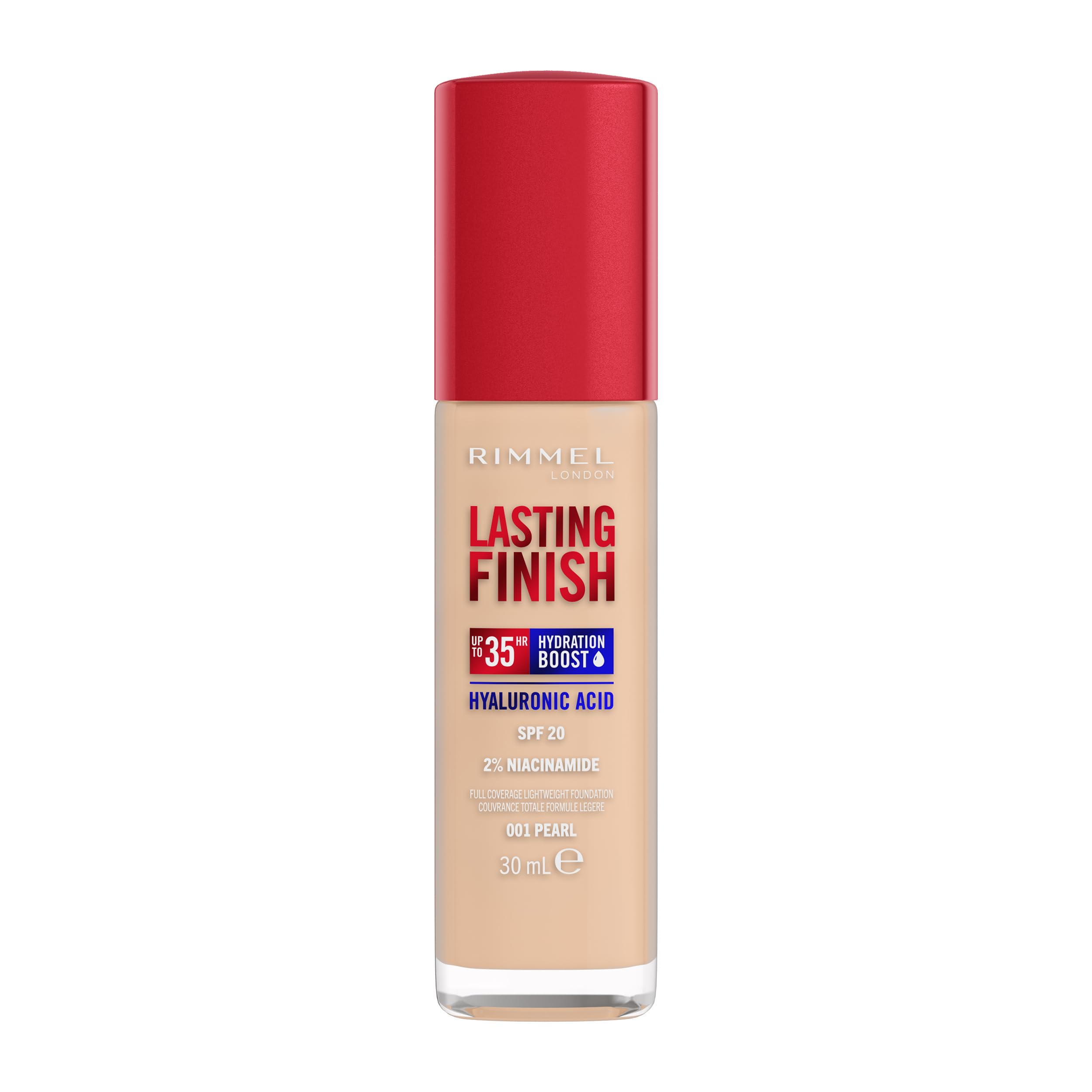 Rimmel Lasting Finish 35Hr Foundation 001 Pearl, Full Coverage, Hydrating, SPF20, Hyaluronic Acid, Vitamin E, 2% Niacinamide, All Day Wear, Vegan, Cruelty Free