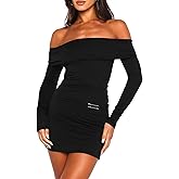 Coloquin Women Off The Shoulder Long Sleeve Bodycon Mini Dress Sexy Club Party Cocktail Going Out Dress