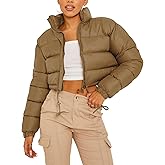 PEHMEA Women's Cropped Puffer Jacket Winter Warm Zip Up Stand Collar Short Down Bubble Coat with Pocket