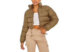 COZYPOIN Women Quilted Down Jacket Stand Collar Long Sleeve Zipper Cropped Puffer Jacket Coat