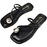 Women's leather strappy flat metal toe ring sandals fashionable square open toe low block heel slip-on Clip Toe Slide Sandals Casual Summer Beach slipper