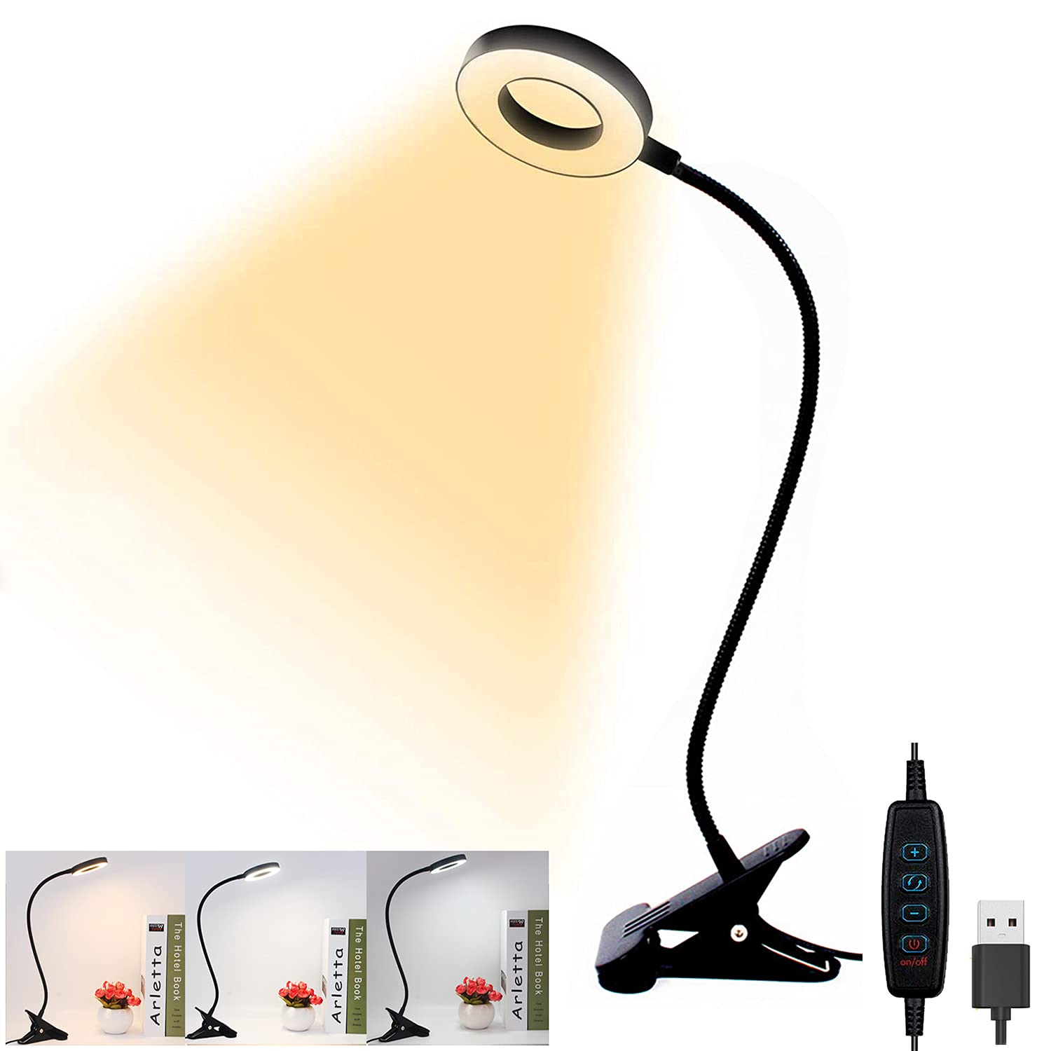 48 LED USB Desk Lamp with Clamp 3 Color 10 Dimming Levels, Clip Light Eye Protection Reading Lights, USB Laptop Light for Zoom Meetings, Computer Webcam, Video Conference