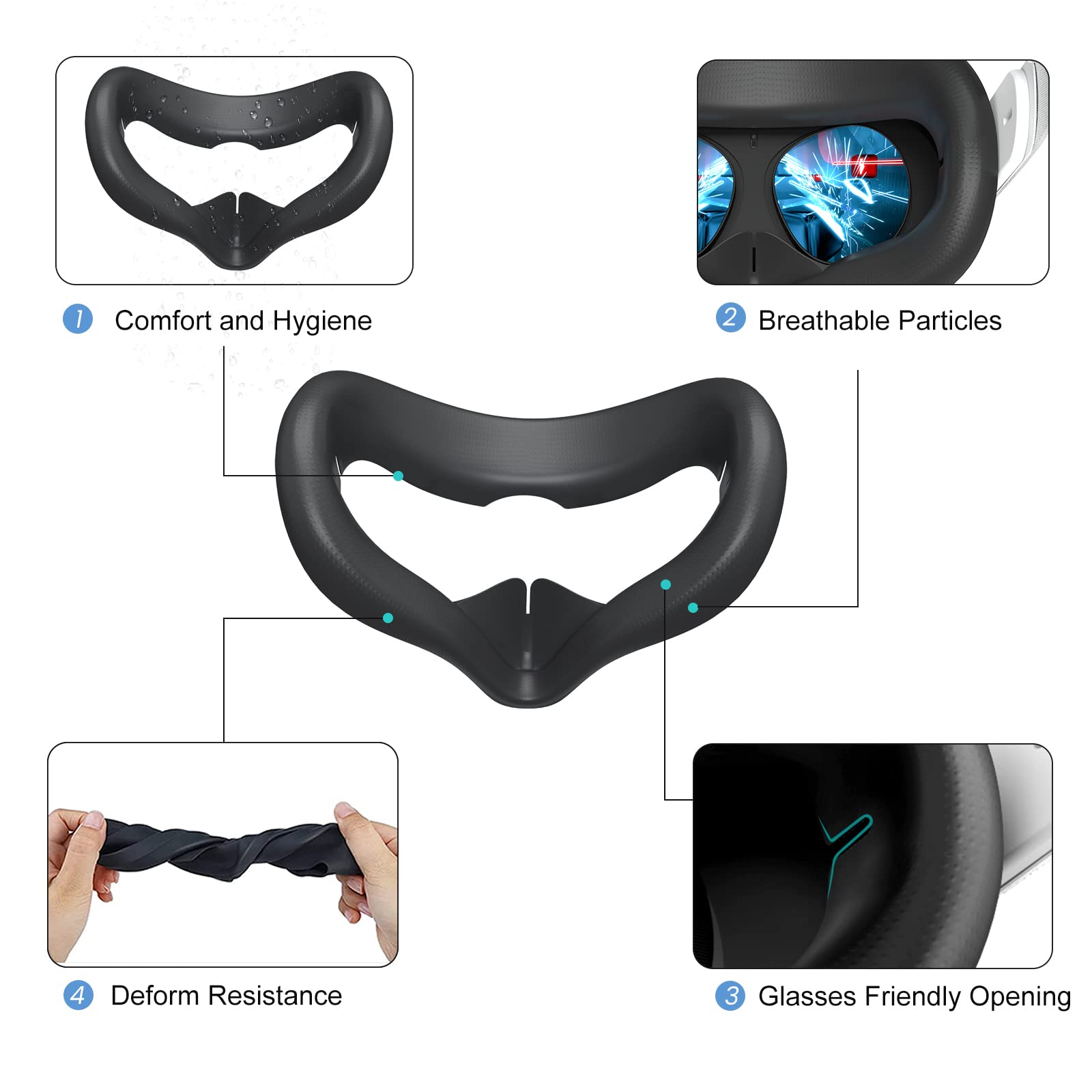 SUPERUS Head Strap & Silicone Face Cover Pad Compatible with Oculus/Meta Quest 2 Accessories, Enhanced Comfort, and Keep Your VR Headset Sweat-Free (Black)