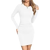 Missufe Women's Round Neck Long Sleeve Ruched Bodycon Ribbed Casual Above Knee Length Dress Fitted Fleece Dresses
