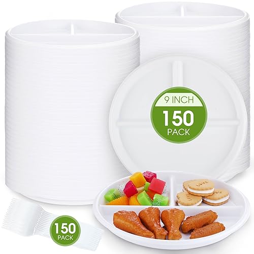 Nosiny 300 Pcs Plastic Disposable Dinnerware Set 3 Compartments Divided Plastic Plates Bulk 9 Inch Whit Heavy Duty Round Divided Plates and Forks for Dinner Picnic Wedding Birthday Party