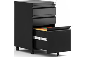 BIZOEIRON 3 Drawer Mobile File Cabinet, Metal Under Desk Filing Cabinet with Lock and Wheels, Home Office Rolling File Cabinet for Legal/Letter Hanging File Folders, Fully Assembled (Black)