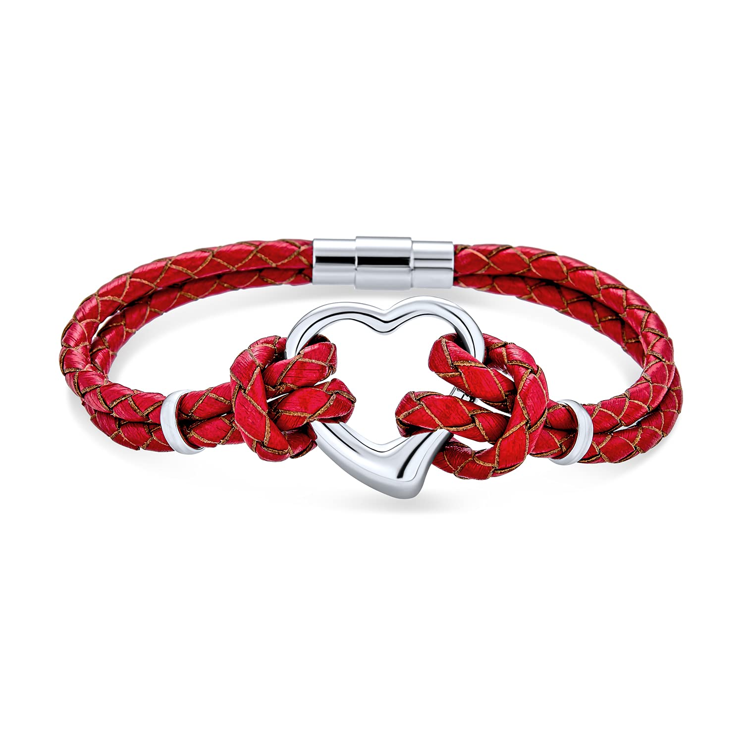 Bling Jewelry Women's Red Woven Open Heart Thin Braided Cord Multi Strand Leather Bracelet Girlfriend Silver Tone Steel โ image 1