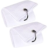 VIVIDLY 2 Pack 16" x 24" Tri-fold Golf Towels, Premium Microfiber Fabric Waffle Pattern with White Heavy Duty Carabiner Clip, Orange Golf Towels for Golf Bags for Men (White)