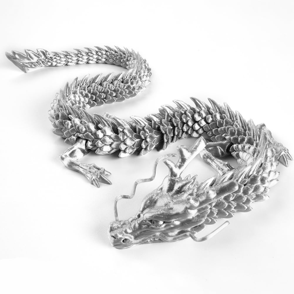 YIKISVUJ 3D Printed Dragon Figurine, Silver, Dragon, Fantasy, Articulated / Flexible and Stress Relieving