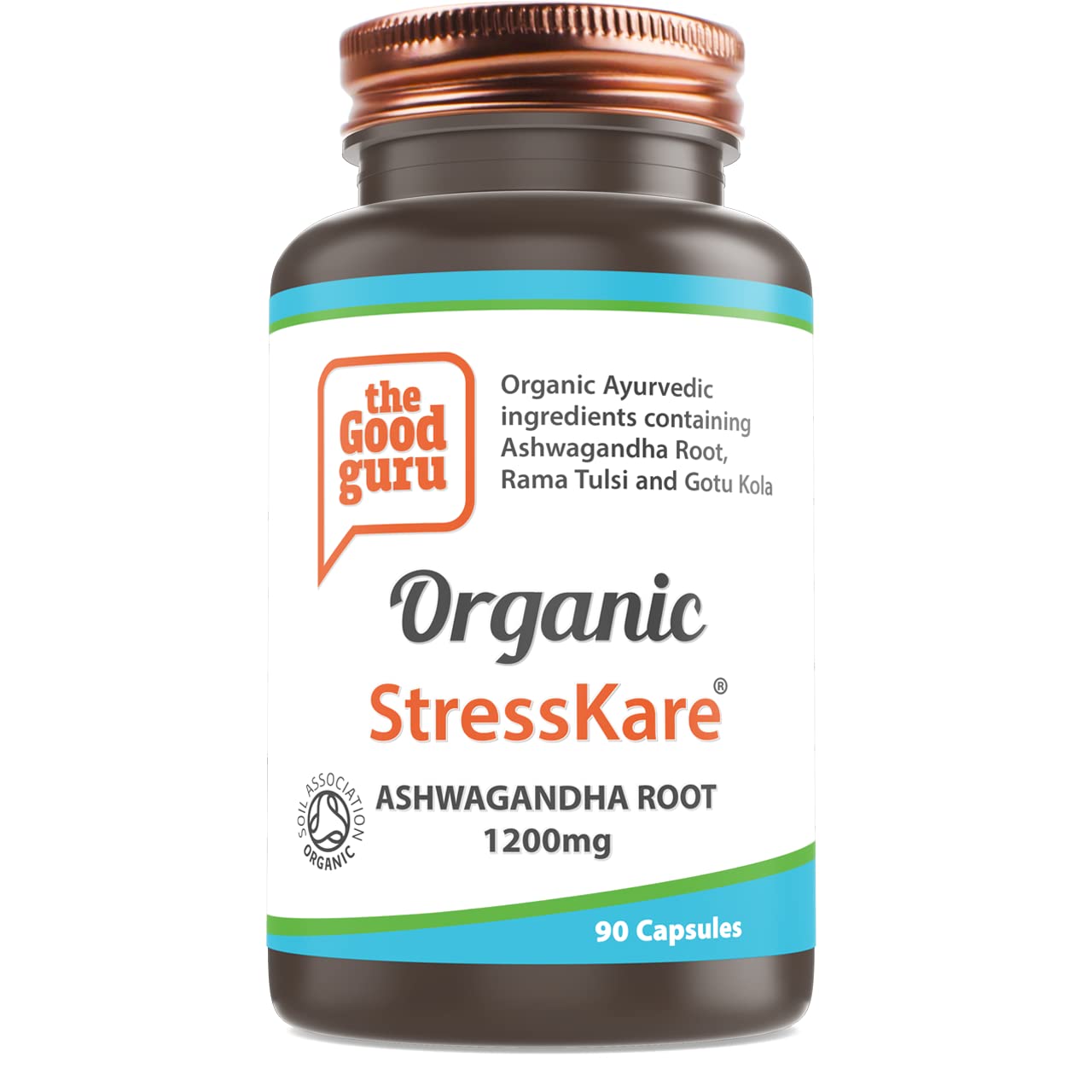 The Good Guru Organic StressKare – Ashwagandha Root 1200mg | 90 Vegan Capsules | with Rama Tulsi & Gotu Kola | Ayurvedic Stress Relief & Relaxation Supplement | Soil Association Certified