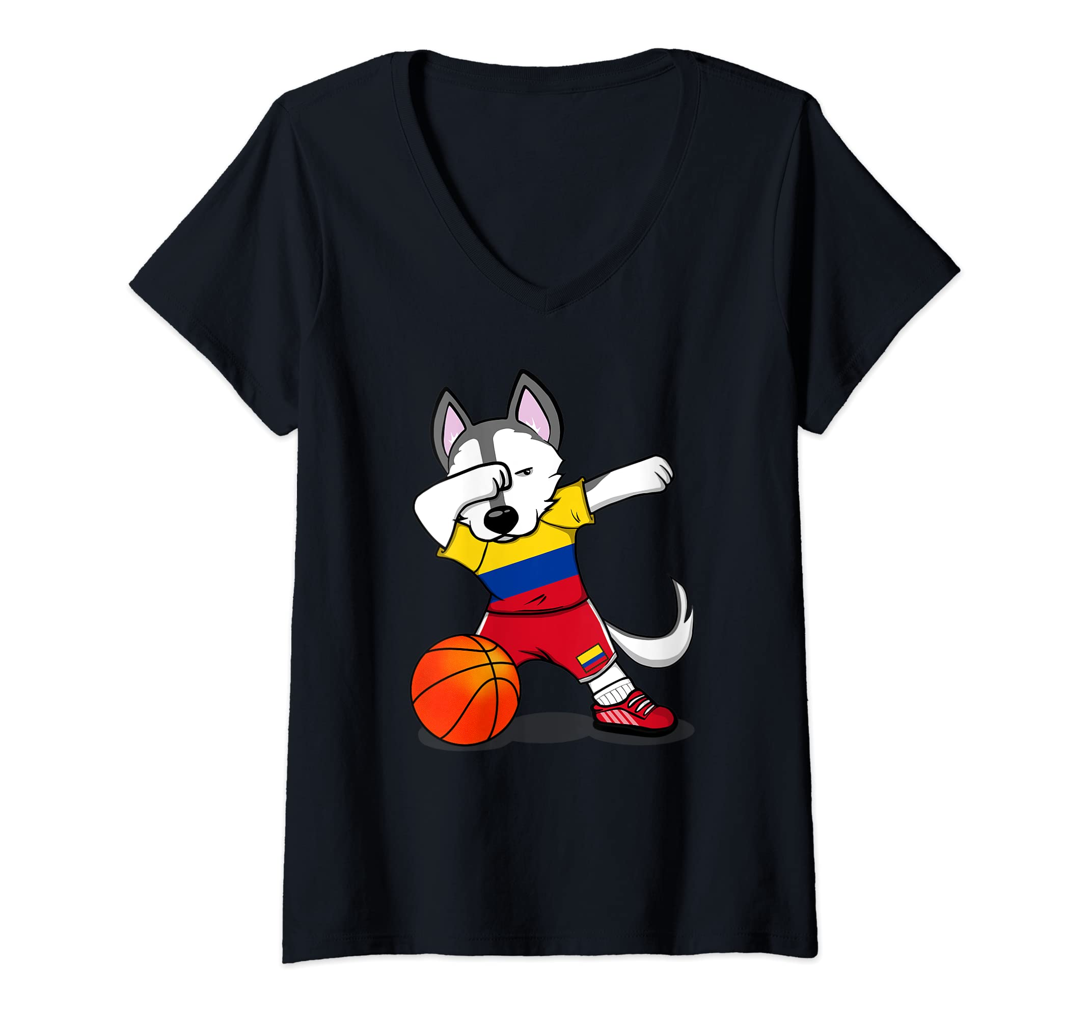 Womens Dabbing Husky Colombia Basketball Fans Jersey Colombian Flag V-Neck T-Shirt