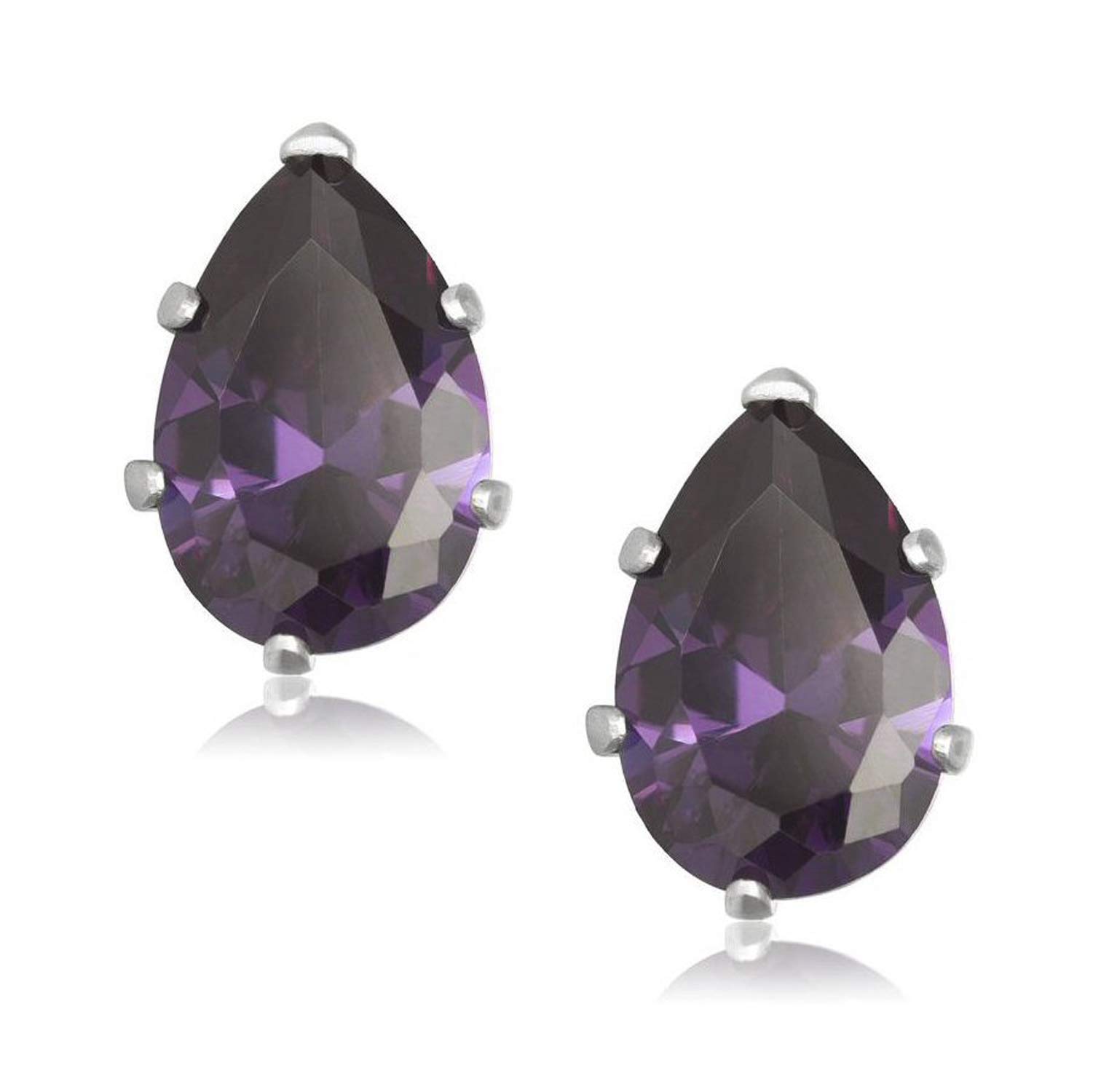 9MM Pear/Teardrop Cut CZ Birthstone Stud Earrings/Ear Studs for Women/Teenage/Girls - 925 Sterling Silver - Round Silver Earrings - Amethyst Purple