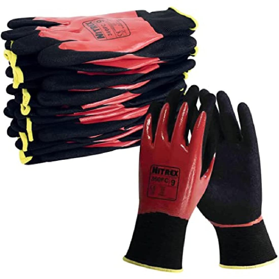 Nitrex 360FC Work and Safety Gloves, Bag of 10 Pairs, Size 10 - General Handling Gloves, Double Dipped Flat Nitrile and Sandy Nitrile Palm Coating