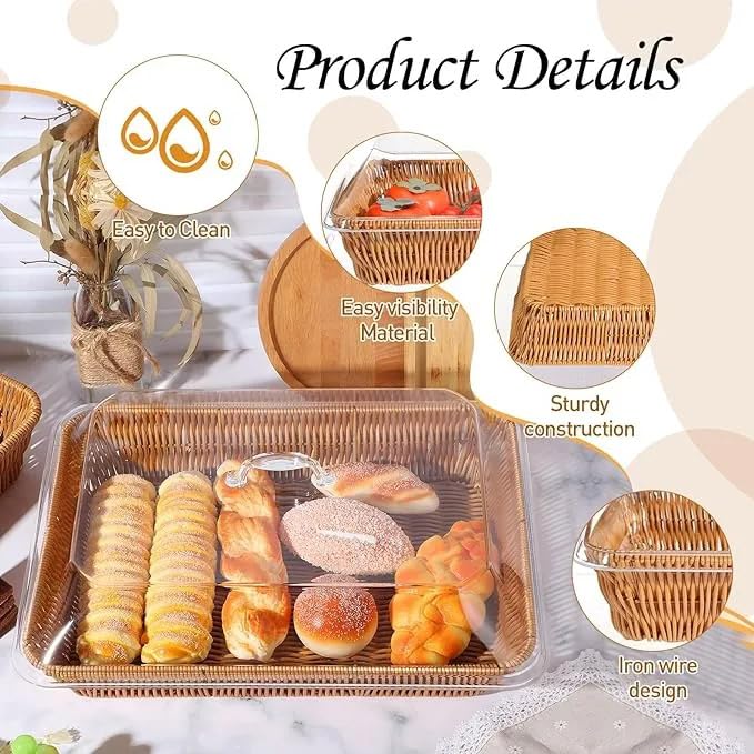 Cesta De Pão De Vime Com Tampa De Acrílico Para Alimentos (Marrom)